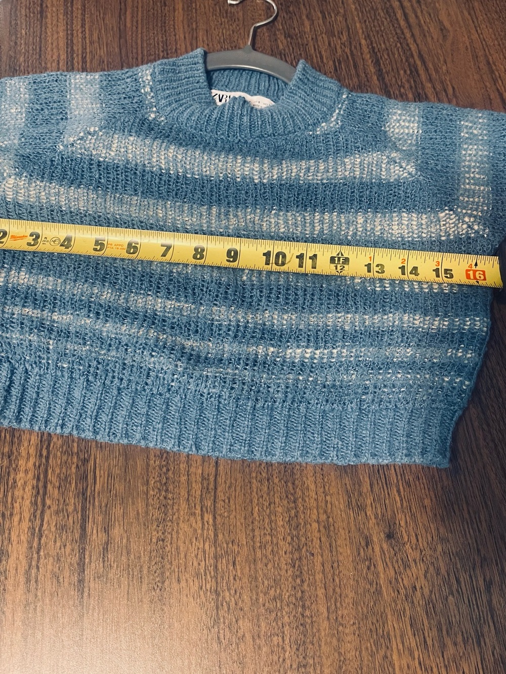Zara Teal and Light Gray Striped Cropped Crew Sweater - Picture 5 of 6